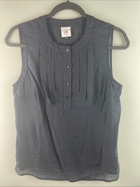 CAbi #6524 Navy Sleeveless Pintuck Button Sheer Top Size S
